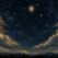 Two angels sit on clouds in a starry night sky, with a bright central star and a distant mountainous horizon below.