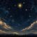 Night sky filled with countless stars and a bright central star, with warm clouds along the horizon and distant mountains below.