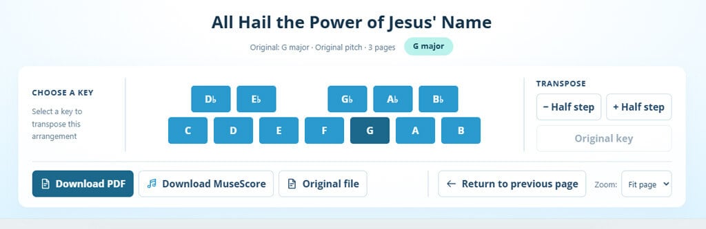 TRANSPOSE ‣ Hymncharts.com Hymn transposition web interface showing original key G major, with note buttons arranged on a keyboard and a Download PDF button row on the left.